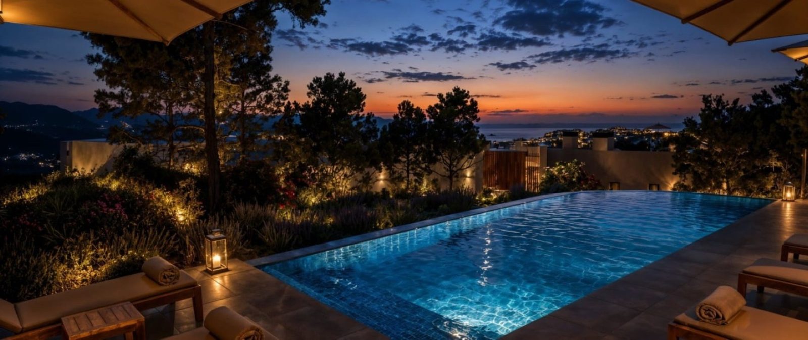 Outdoor pool and sea views at sunset of