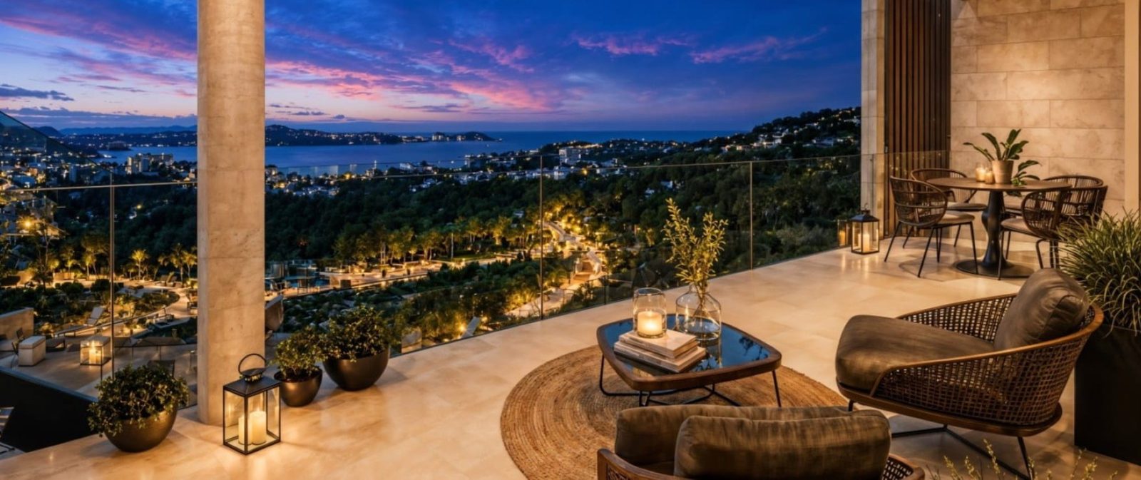 Sunset terrace with sea views and outdoor seating of a 2-bedroom apartment in Calvia - The Estates