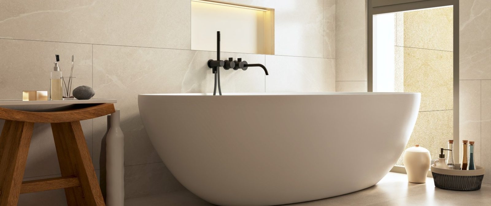 Contemporary bathroom with freestanding bathtub and wooden vanity in a 2-bedroom apartment in Calvia - The Estates