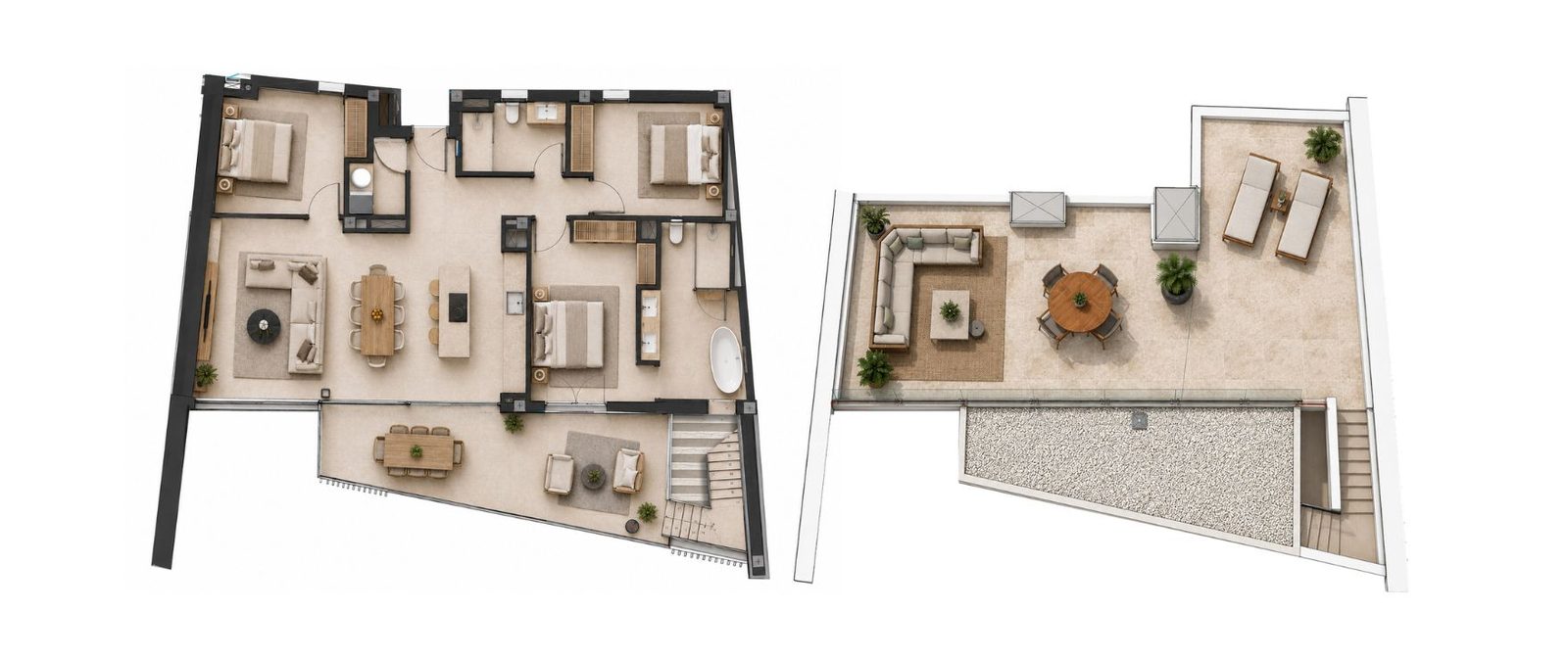Floor plan showing a 2-bedroom apartment with rooftop terrace and pool in Calvia - The Estates
