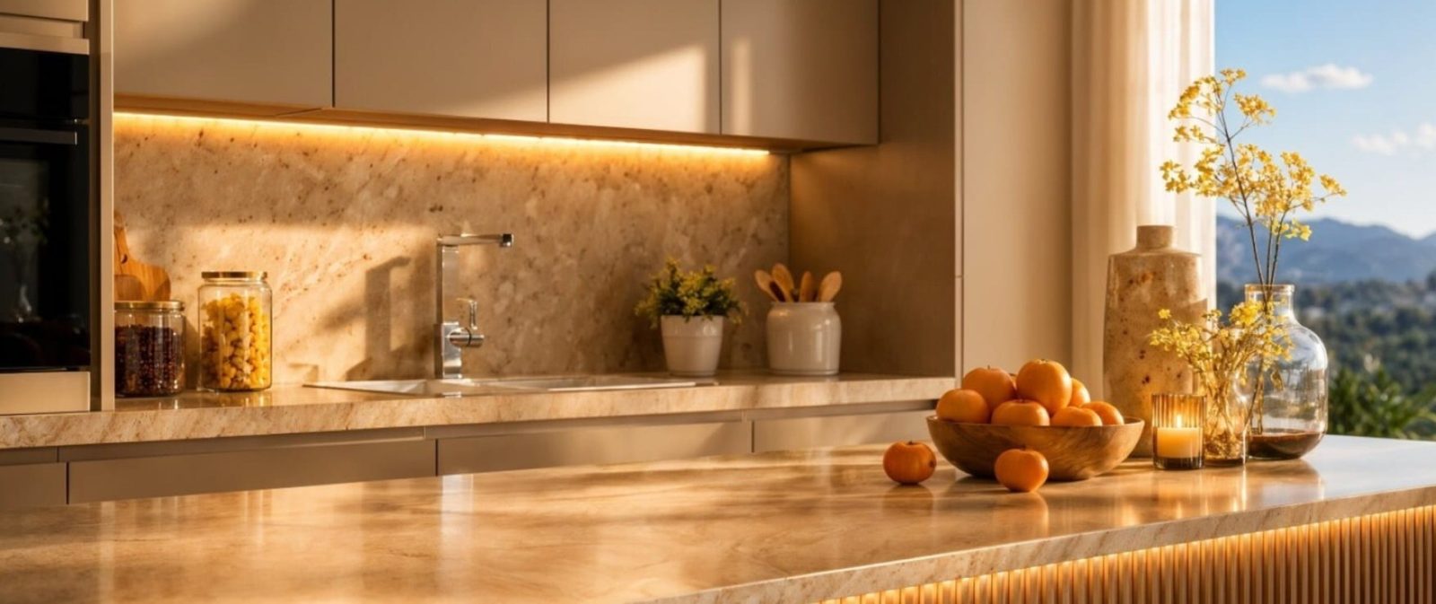 Modern kitchen with marble surfaces, island, fruit bowl and mountain views through the window in a 2-bedroom apartment in Calvia - The Estates