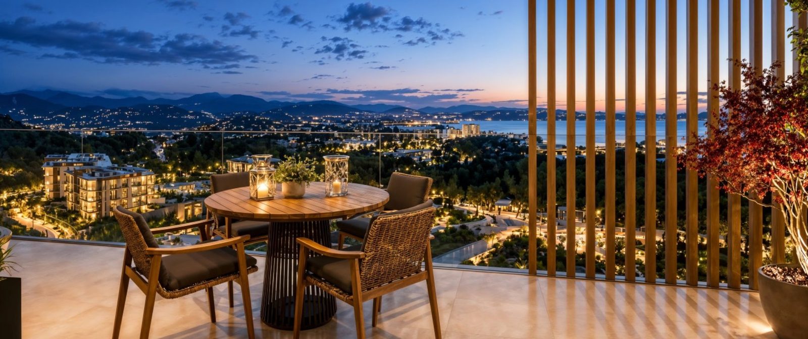 Sunset terrace dining area with panoramic bay views of a 2-bedroom apartment in Calvia - The Estates
