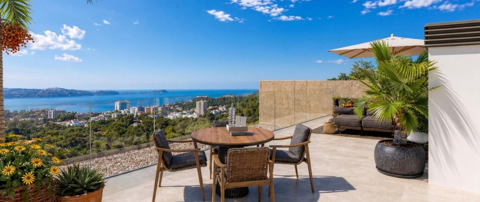 Rooftop terrace with dining area, palms and panoramic sea views of Calvia from a 2-bedroom apartment in Calvia - The Estates