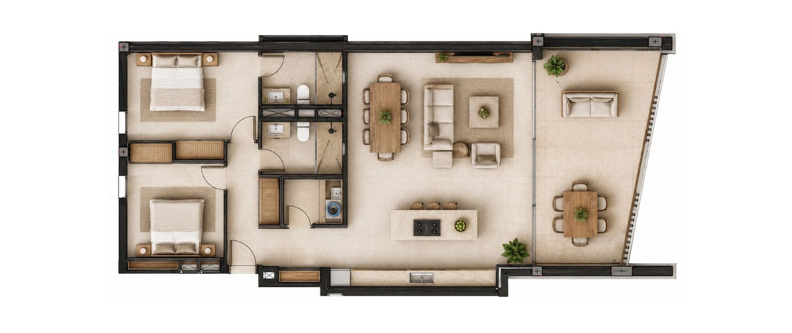 Furnished floor plan of a 2-bedroom apartment in Calvia - The Estates