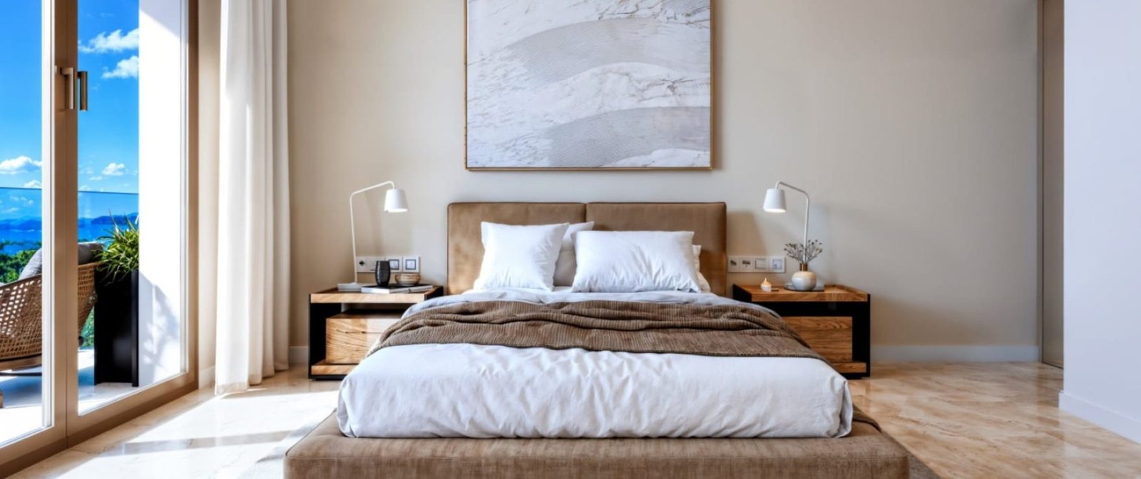 Sunlit master bedroom with sea view and balcony of a 2-bedroom apartment in Calvia - The Estates