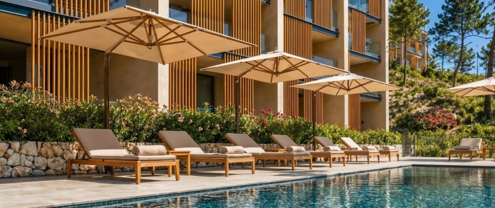 Pool with loungers and parasols beside a modern apartment building in Calvia - The Estates