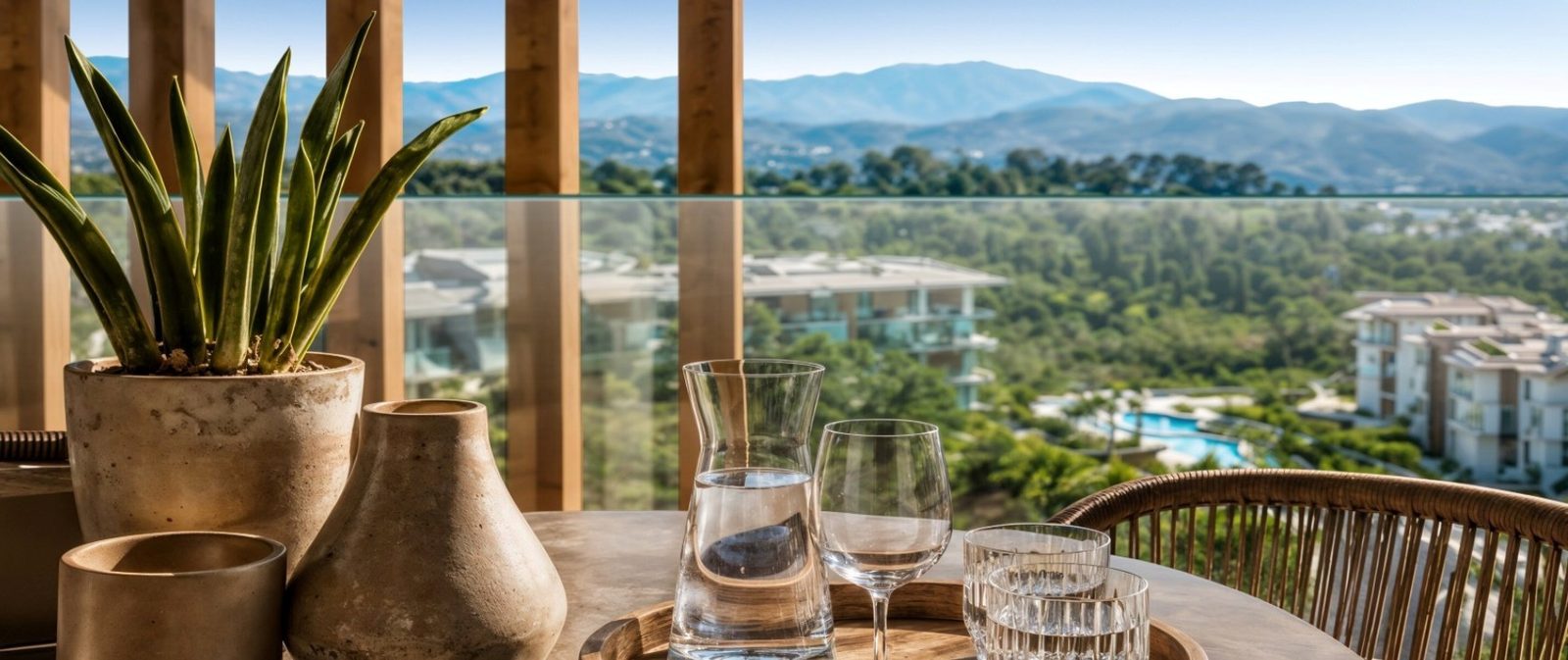 Terrace dining table with glasses, plant and mountain