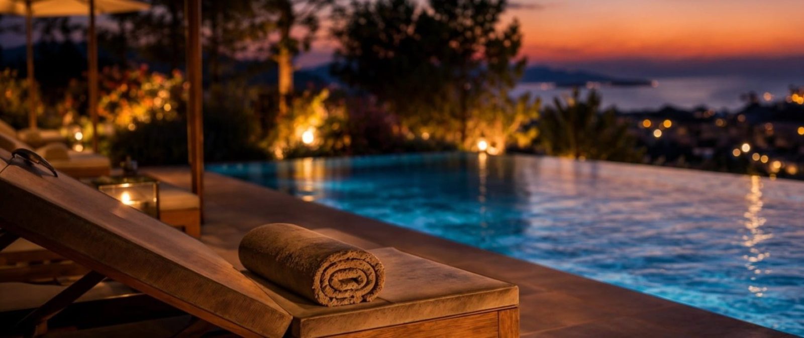 Infinity pool and sun lounger with rolled towel overlooking the bay at sunset, part of a 2-bedroom apartment in Calvia - The Estates