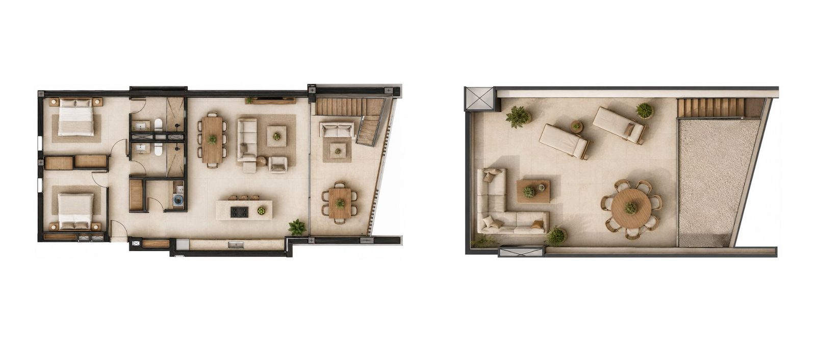 Floor plans showing the layout and terrace of a 2-bedroom apartment in Calvia - The Estates