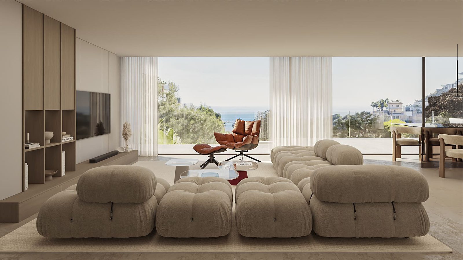 Contemporary living room with panoramic sea views in a 4-bedroom villa in Benissa - The Estates