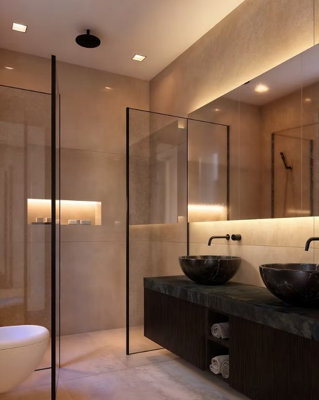 Contemporary bathroom with twin basins and walk-in shower in