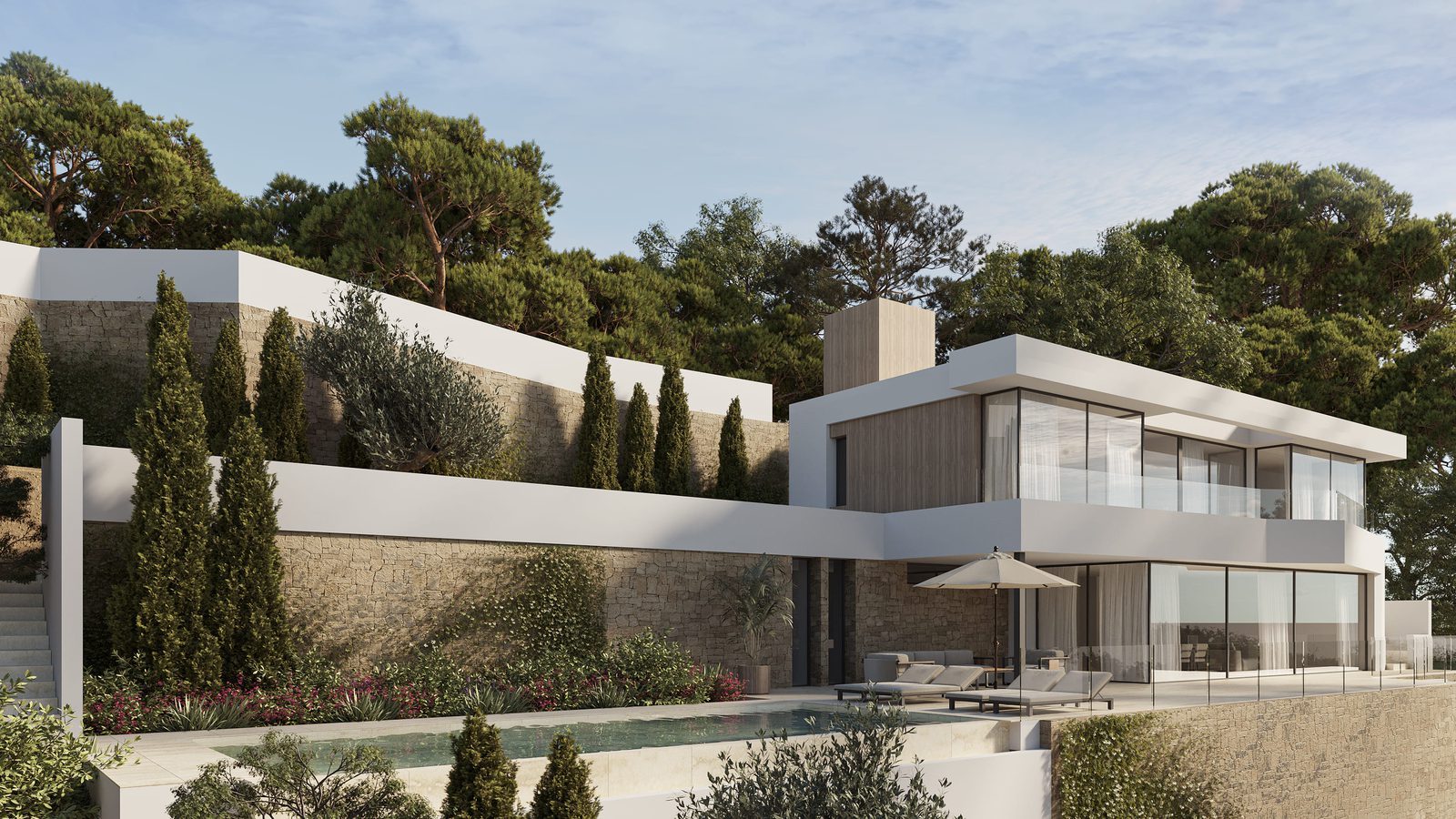 Modern villa exterior with pool, terraces and landscaped gardens of a 4-bedroom villa in Benissa - The Estates