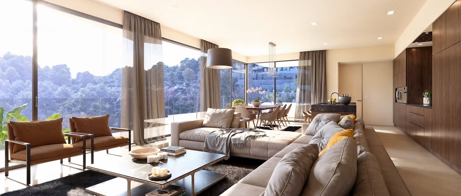 Modern open-plan living room and kitchen with panoramic views in a 4-bedroom villa in Benissa - The Estates