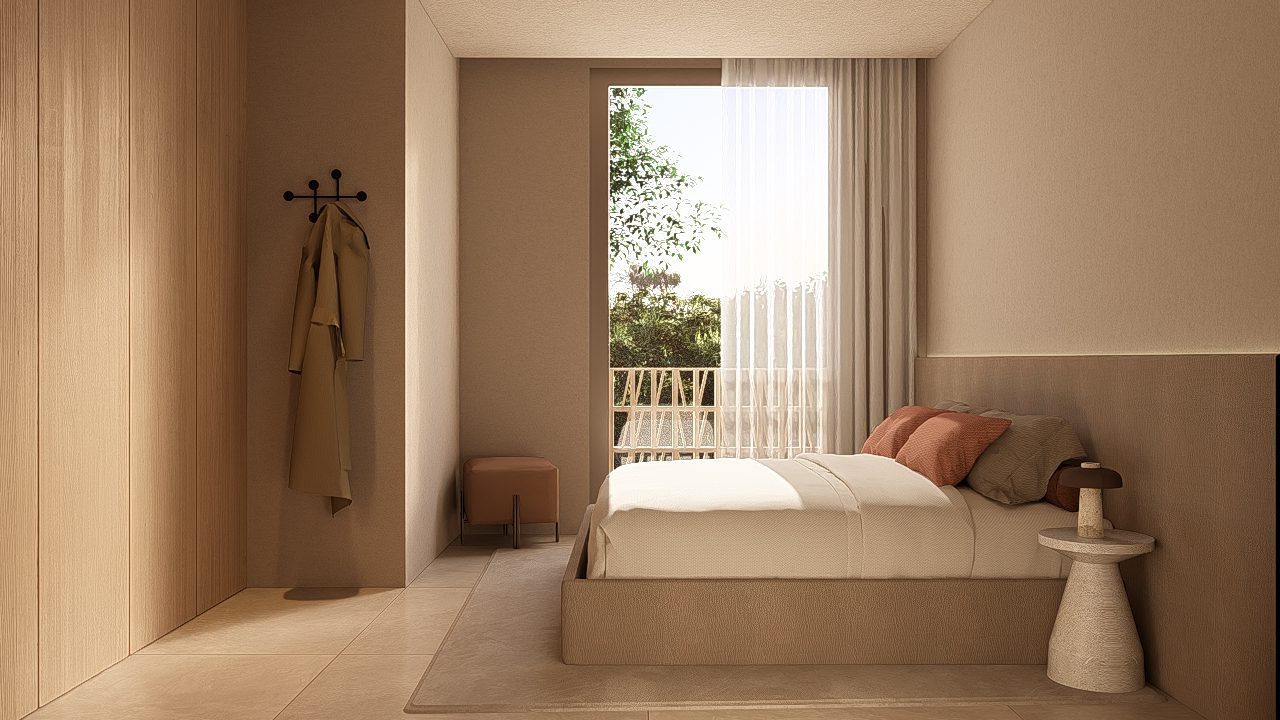 Modern bedroom with a double bed, fitted wardrobes and balcony doors in a 4-bedroom townhouse in Jávea - The Estates