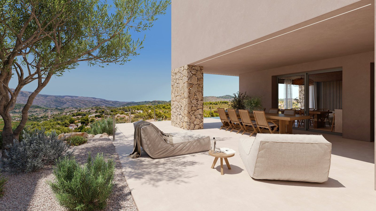 Outdoor dining area with mountain and countryside views of a 3-bedroom villa in Lliber - The Estates