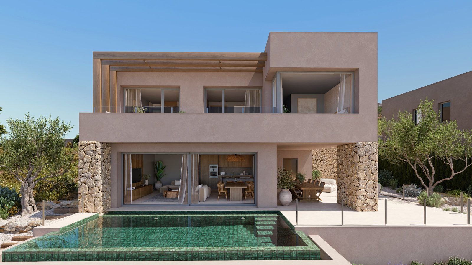 Exterior view of a 3-bedroom villa with a pool in Lliber, showcasing mountain and countryside views - The Estates