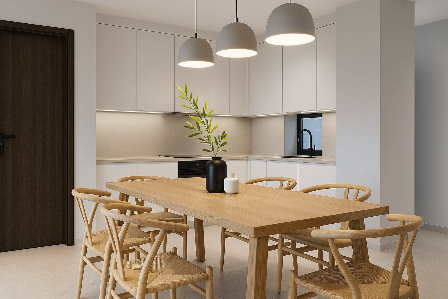 Modern kitchen and dining area with pendant lights, wooden table and chairs in a 3-bedroom villa in Pedreguer - The Estates