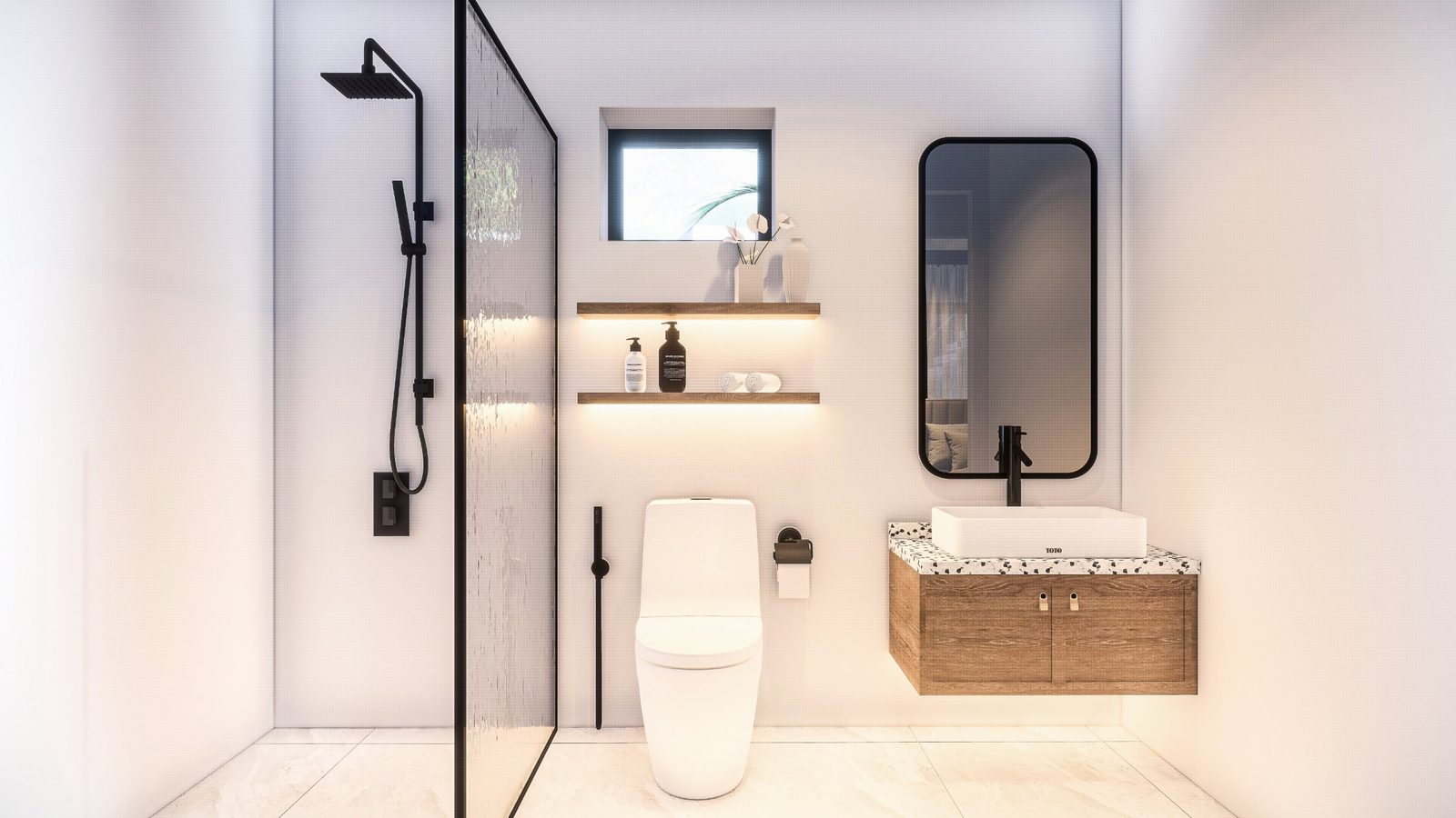 Modern bathroom with walk-in shower, wall-hung toilet, illuminated shelves and wood vanity in a 3-bedroom villa in Pedreguer - The Estates
