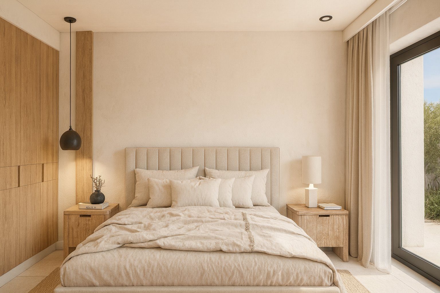 Contemporary bedroom with a double bed, fitted wooden wardrobes and garden views in a 3-bedroom villa in Pedreguer - The Estates