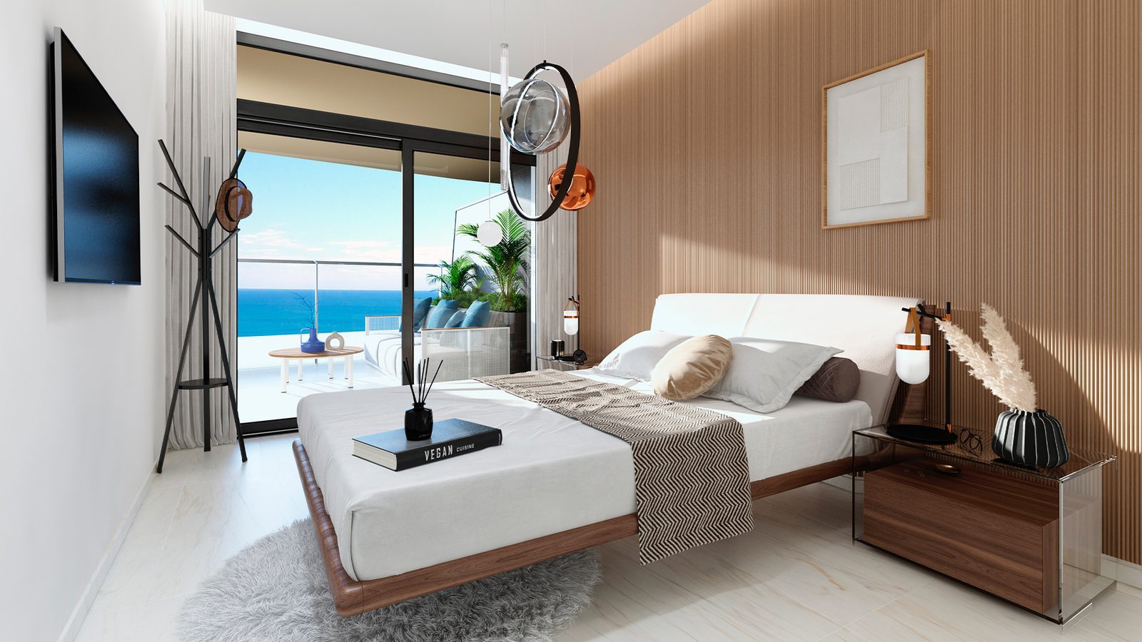 Sea-view bedroom with a double bed and balcony in a 3-bedroom apartment in Benidorm - The Estates