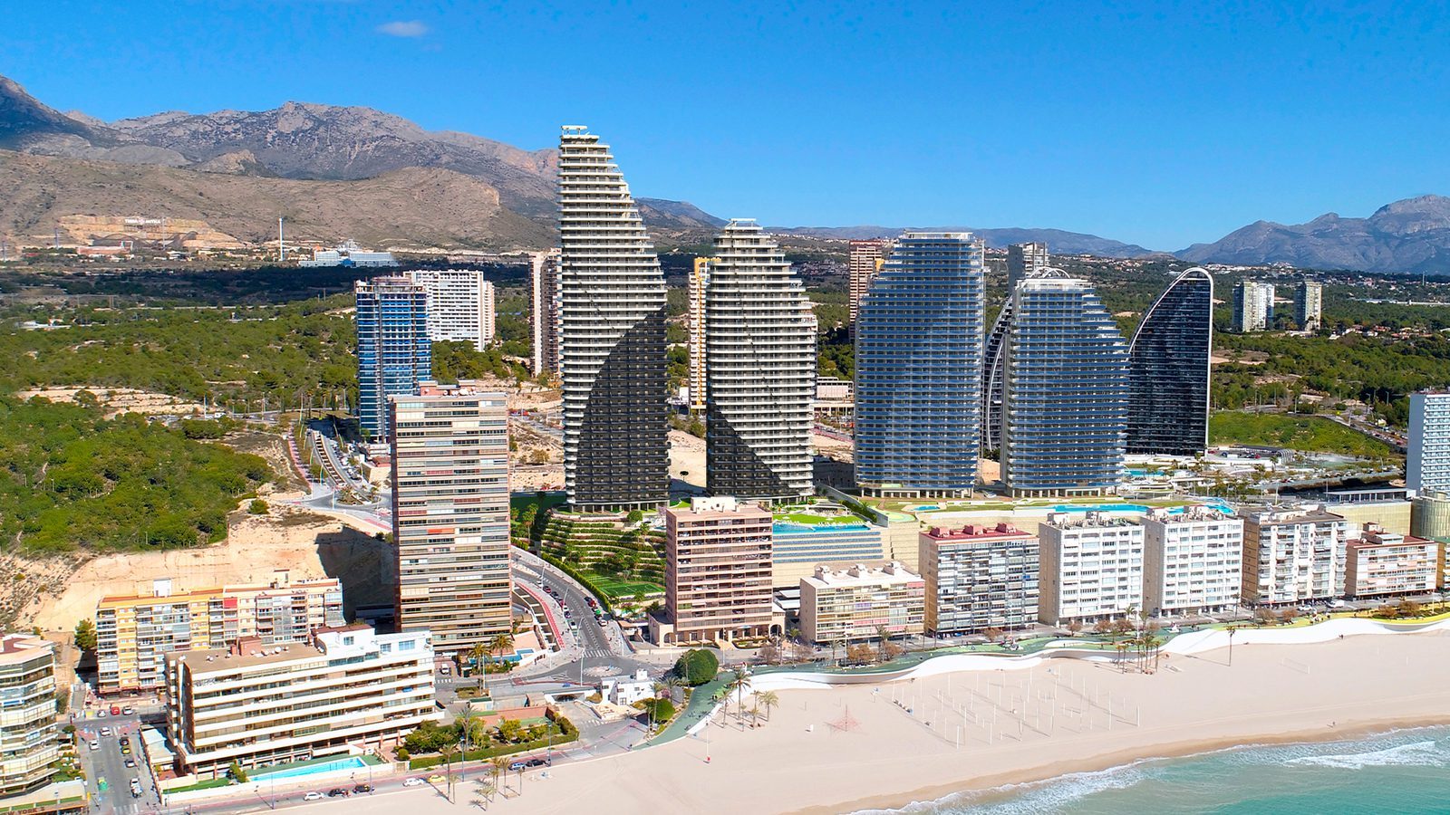 Aerial sea view of Benidorm’s skyline, beach and