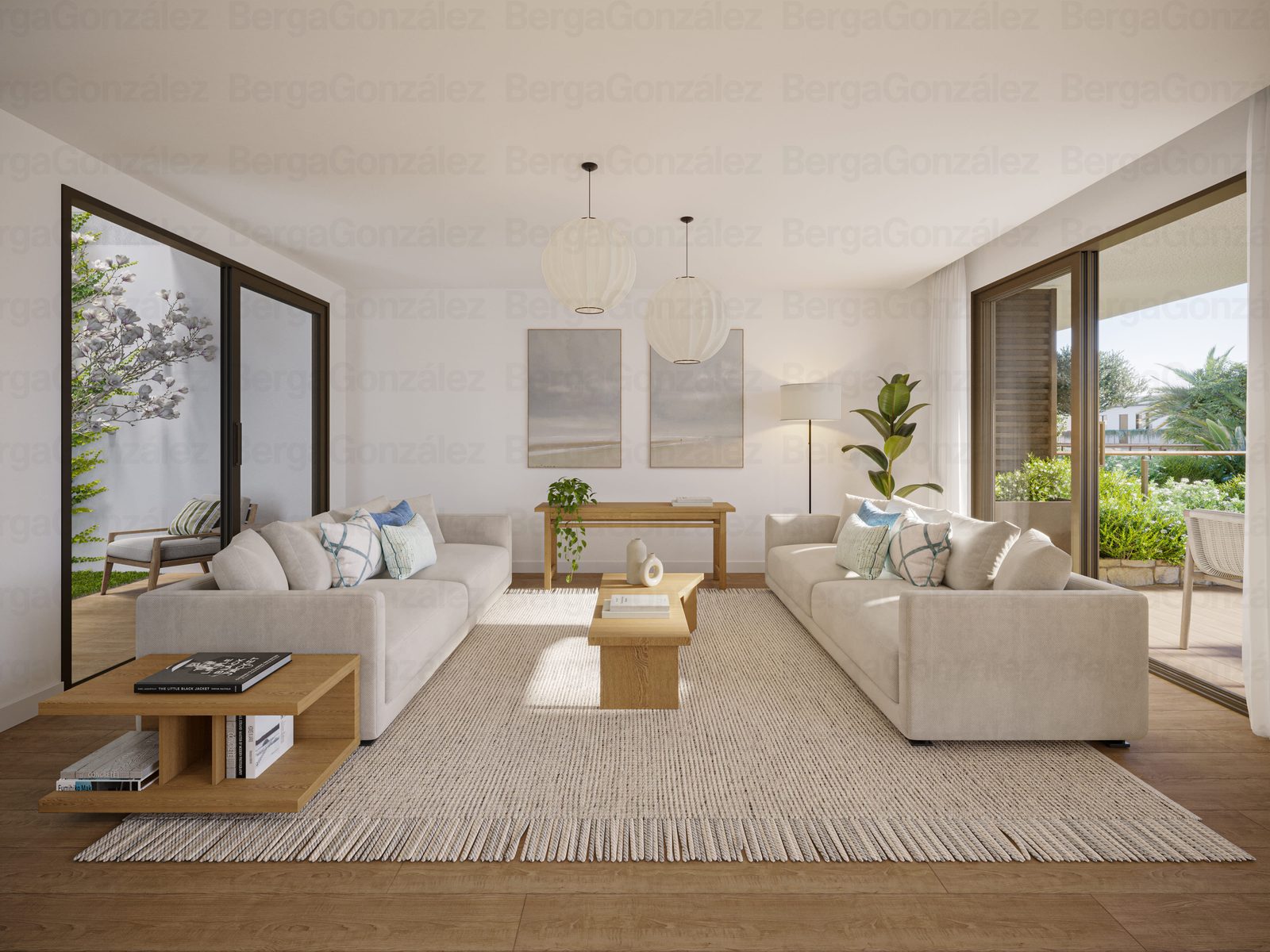 Bright living room with sofas, coffee tables, pendant lights and garden views in a 3-bedroom apartment in Alfaz del Pi - The Estates