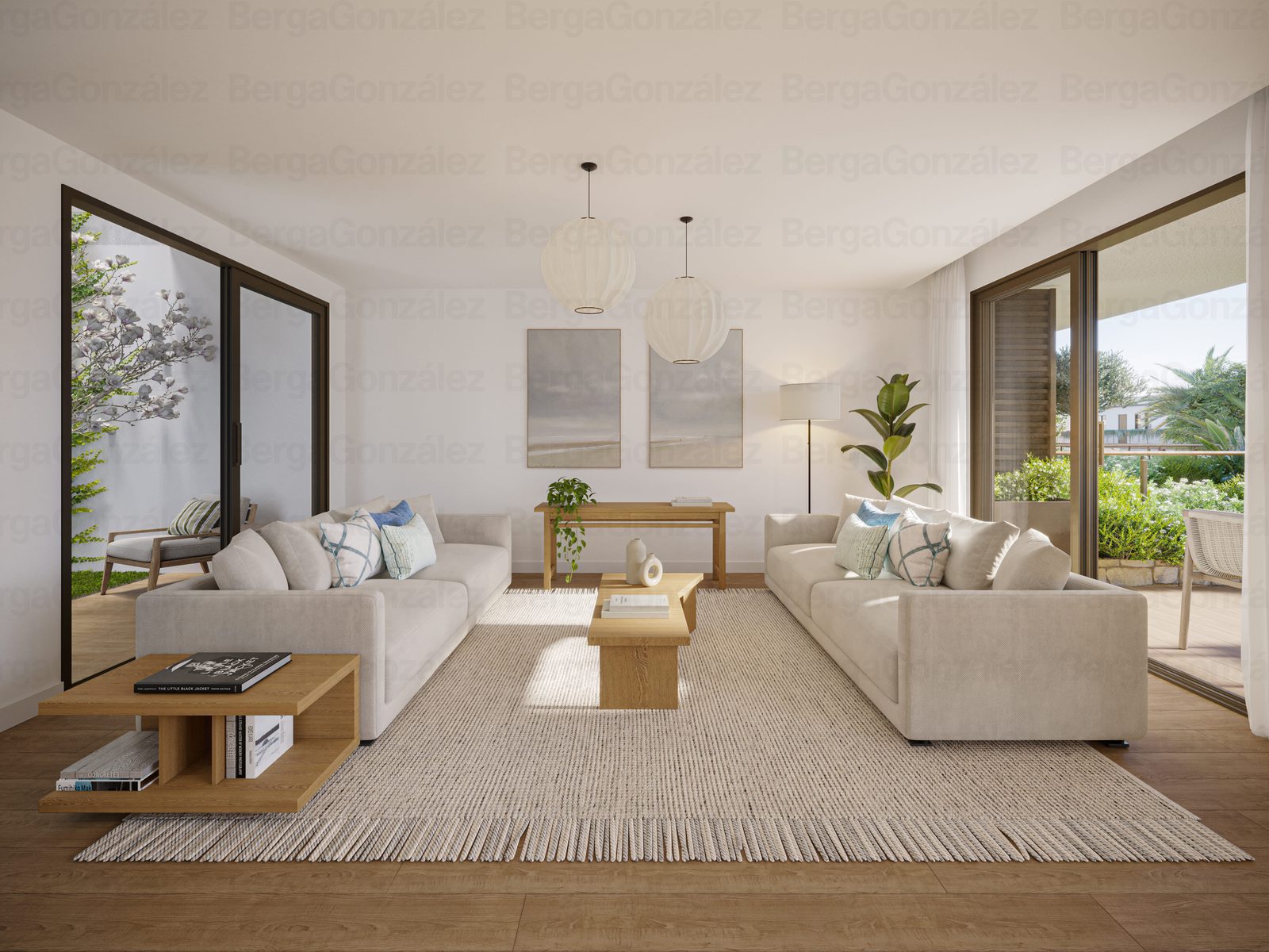 A bright living room with modern furniture and garden views in a 1-bedroom apartment in Alfaz del Pi - The Estates