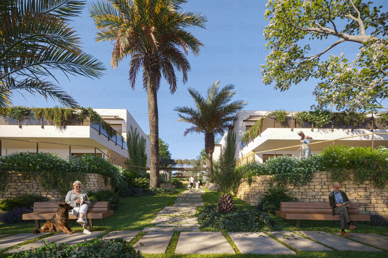 Landscaped communal garden with palm trees and pathways of a 3-bedroom apartment in Alfaz del Pi - The Estates