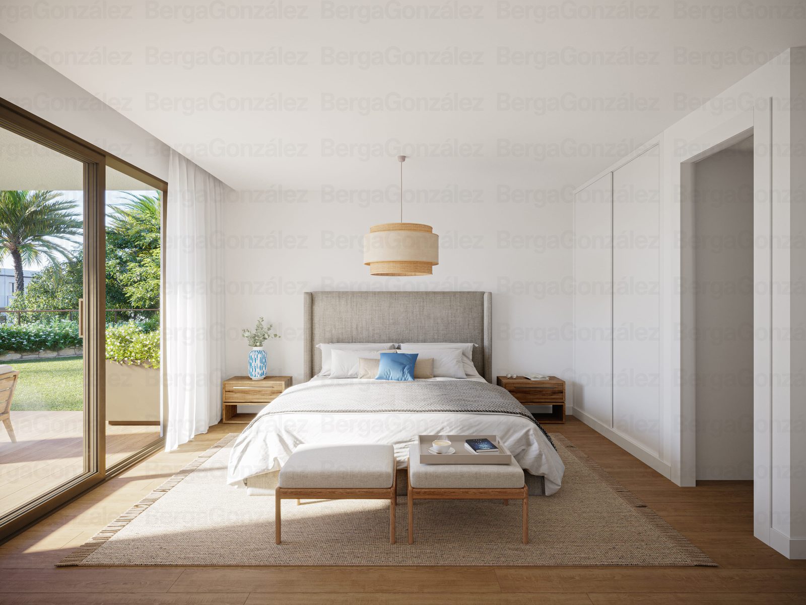 Bright master bedroom with garden access of a 3-bedroom apartment in Alfaz del Pi - The Estates