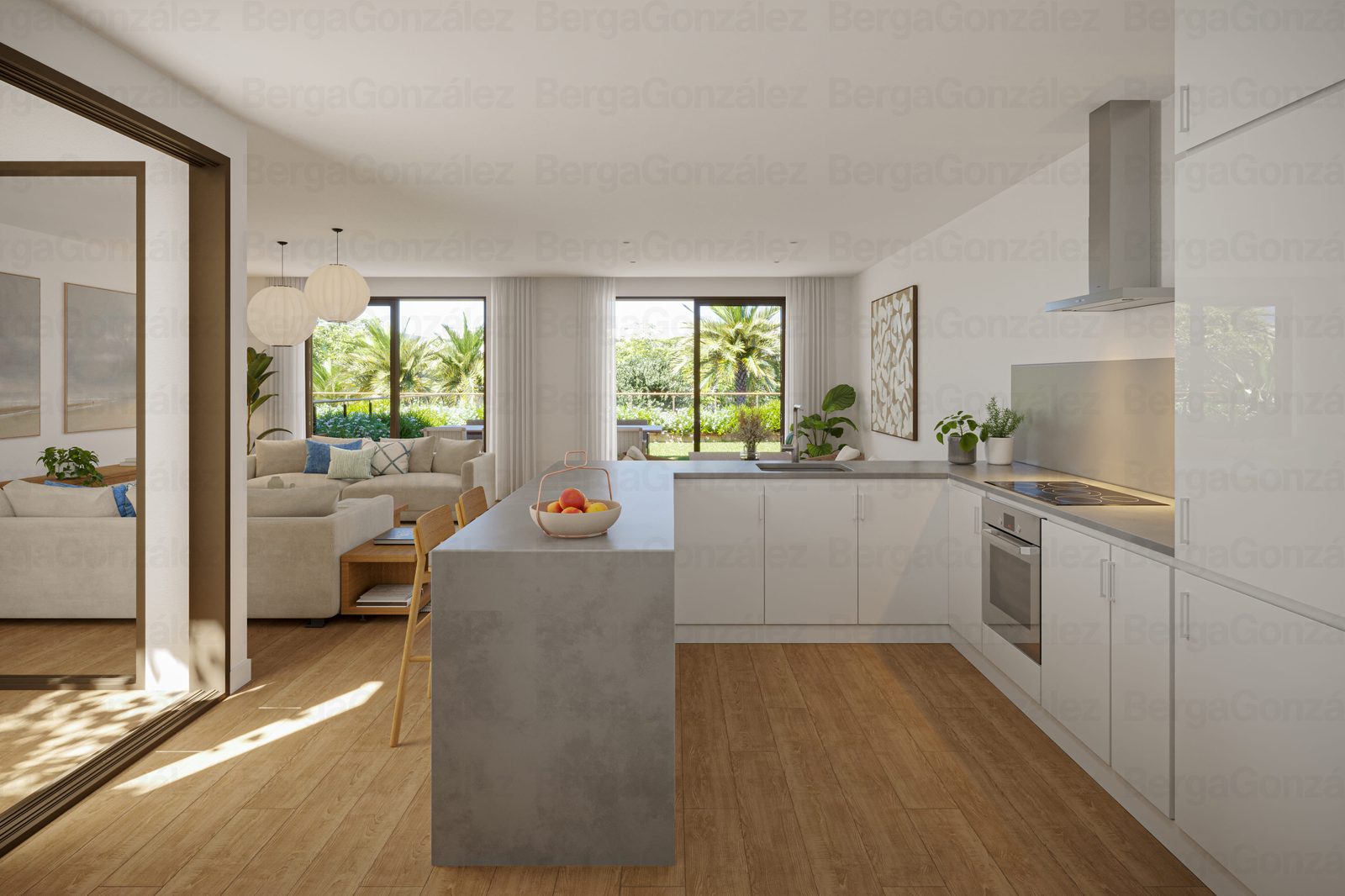 Open-plan kitchen and living room with garden views in a 3-bedroom apartment in Alfaz del Pi - The Estates