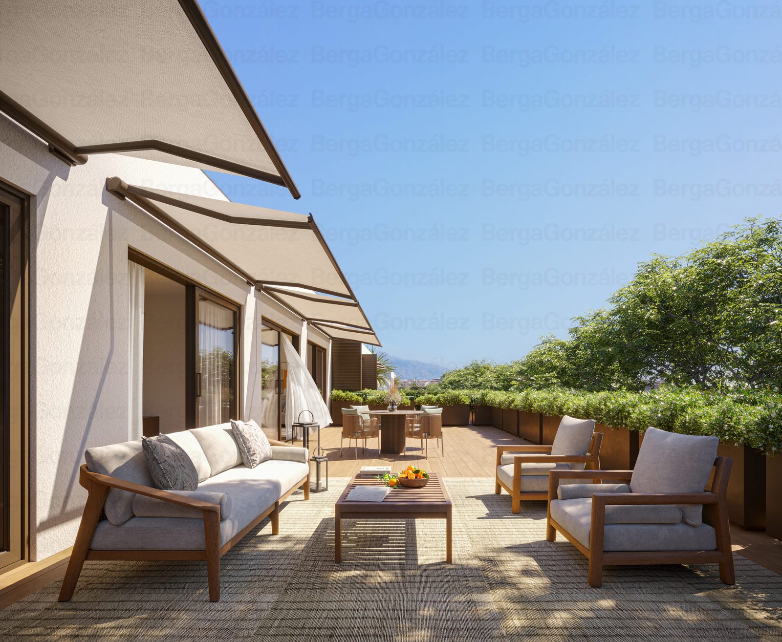 Furnished terrace with awnings and garden views of a 3-bedroom apartment in Alfaz del Pi - The Estates