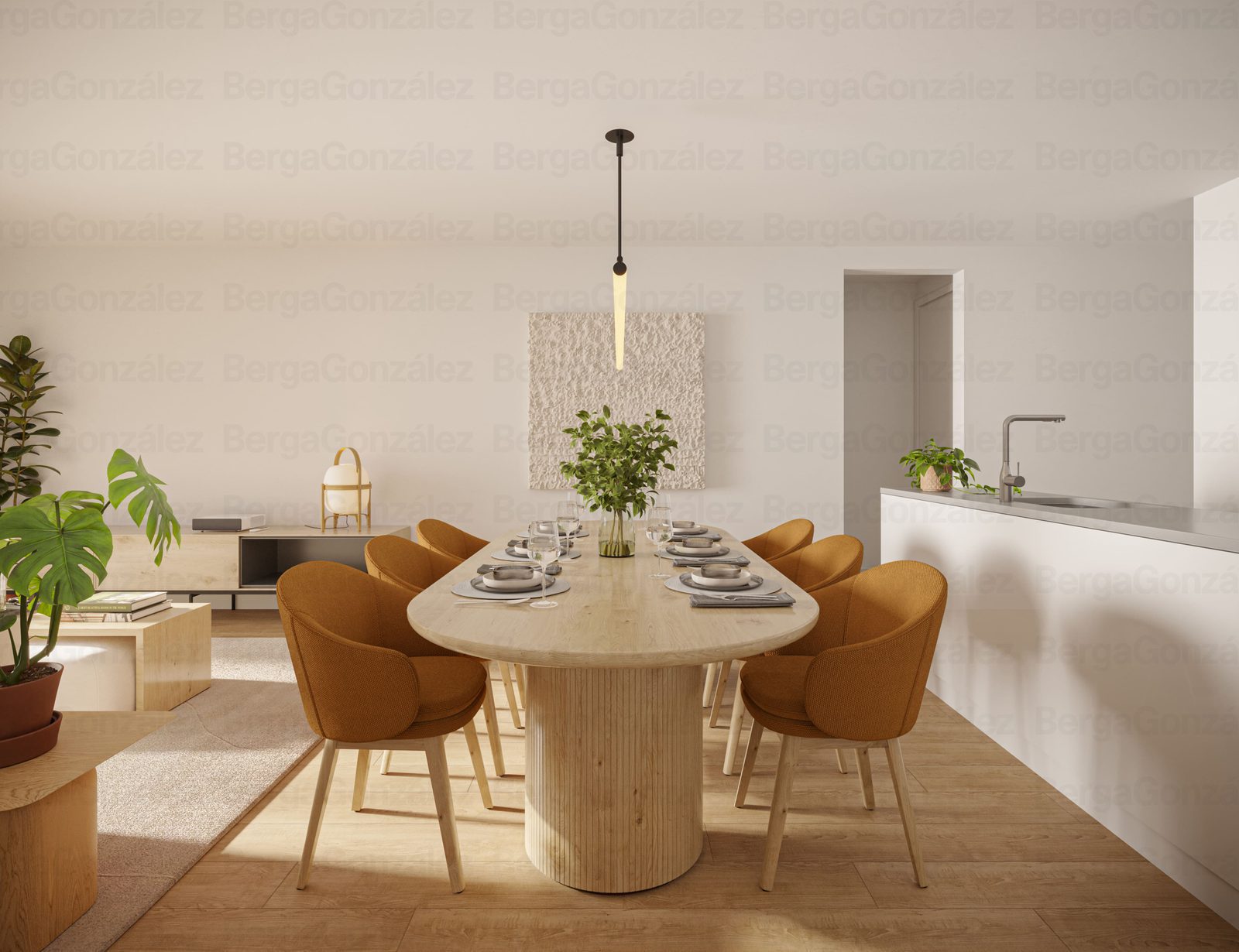 A modern dining area with a wooden table and chairs in a 1-bedroom apartment in Alfaz del Pi - The Estates