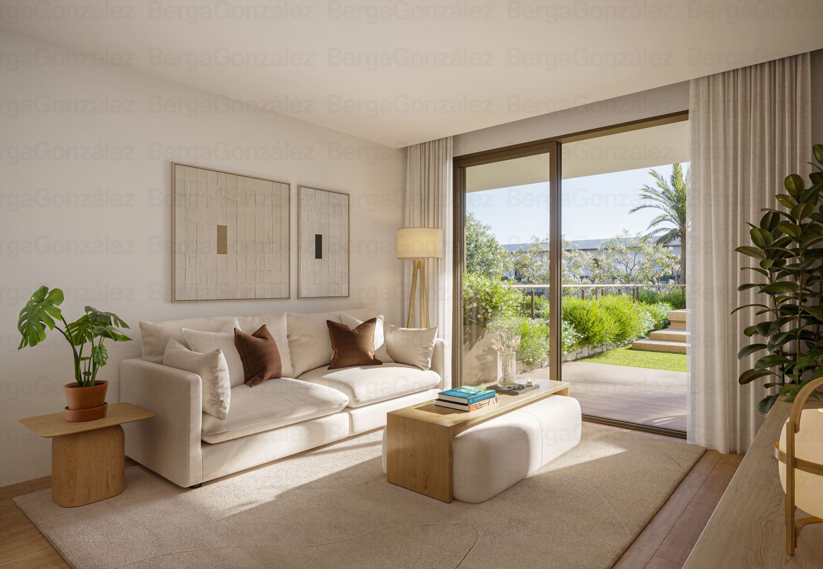 Bright living room with sofa, coffee table, plants and garden views through sliding glass doors in a 3-bedroom apartment in Alfaz del Pi - The Estates