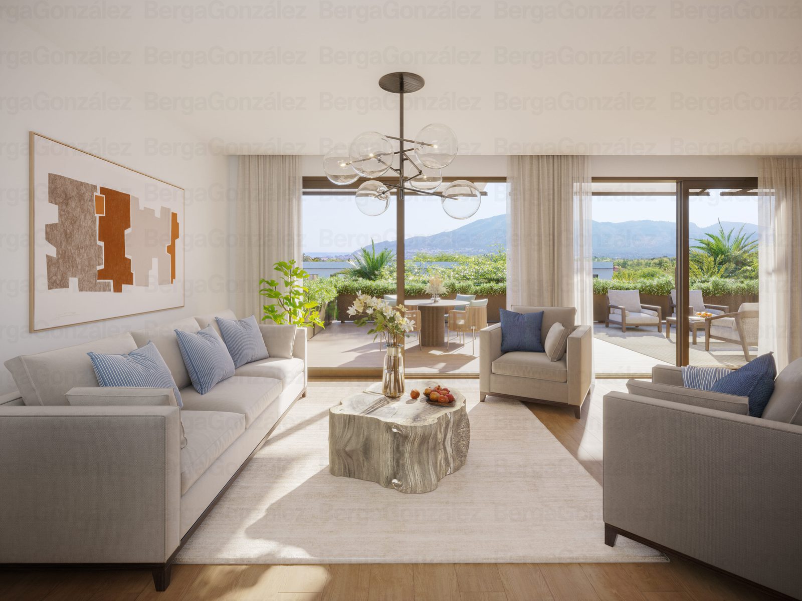 A living room with garden views in a 1-bedroom apartment in Alfaz del Pi - The Estates