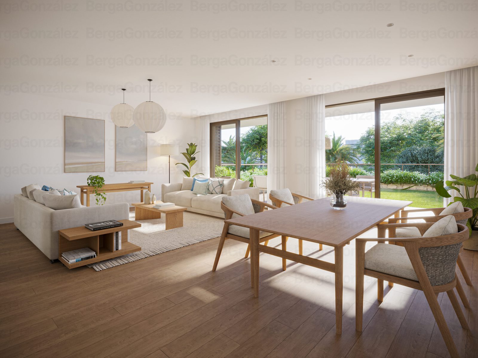 A bright living and dining area with garden views in a 1-bedroom apartment in Alfaz del Pi - The Estates
