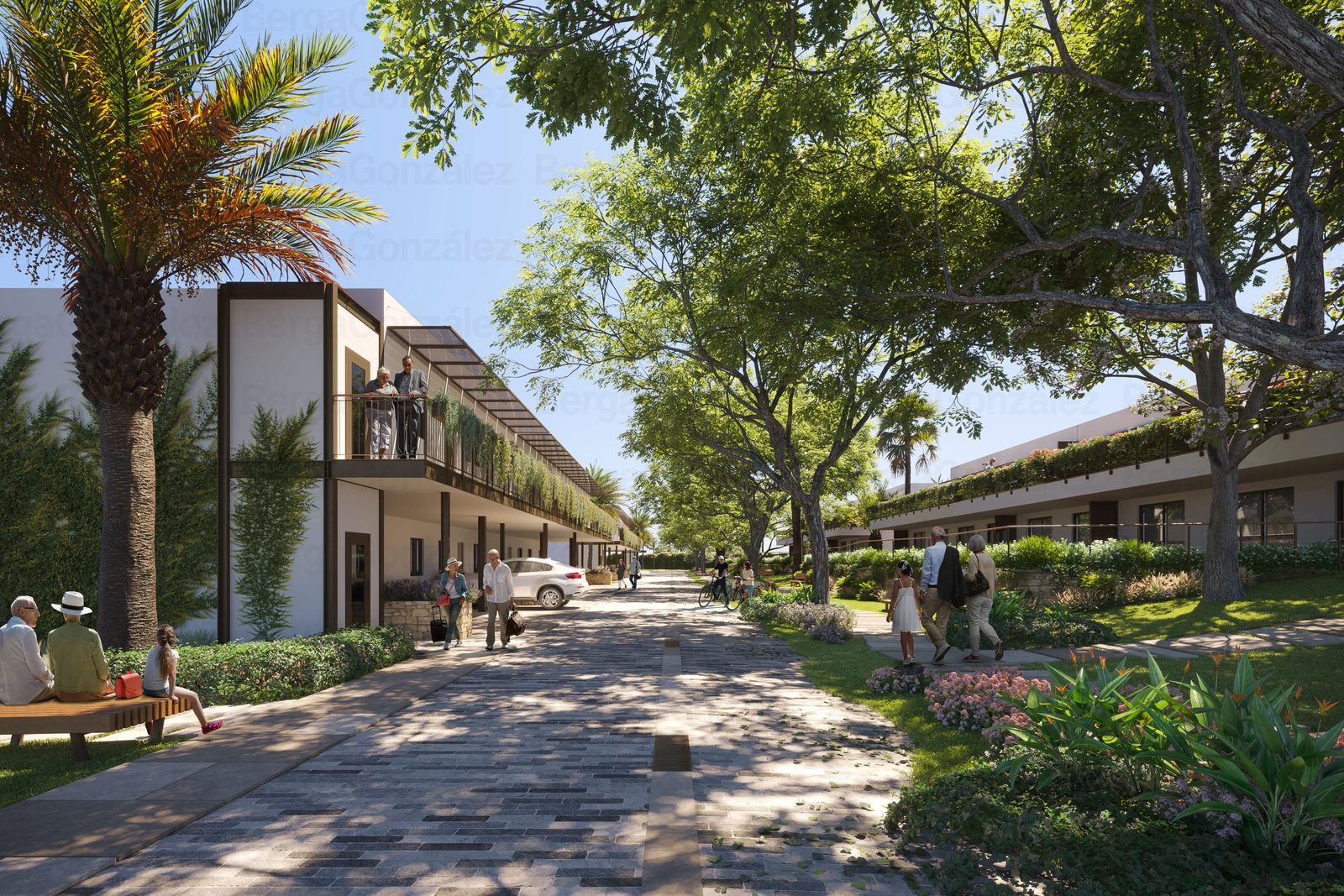 Landscaped communal walkway between modern apartment buildings of