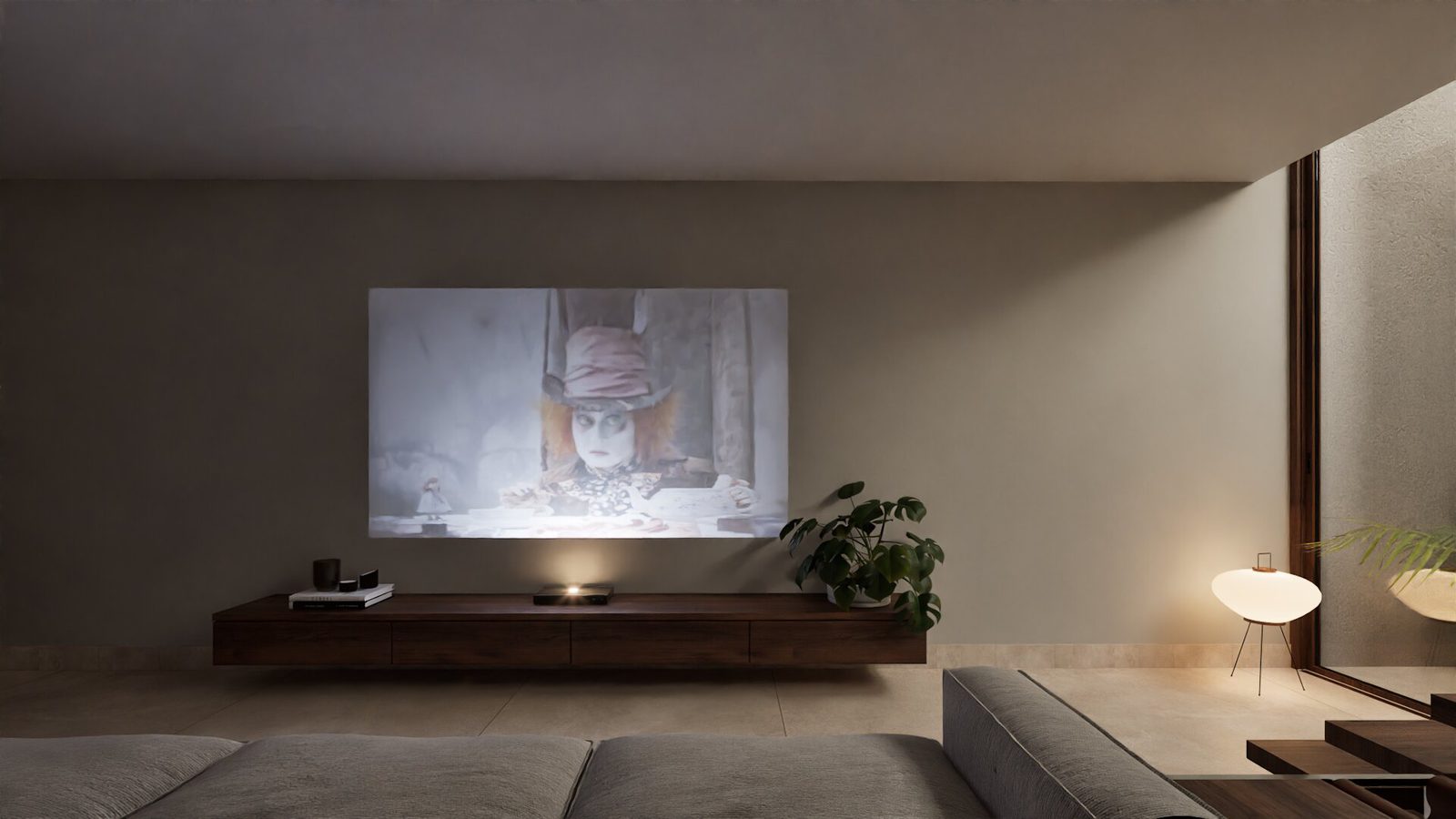 A modern living room with a projector screen displaying art in a 3-bedroom villa in Denia - The Estates