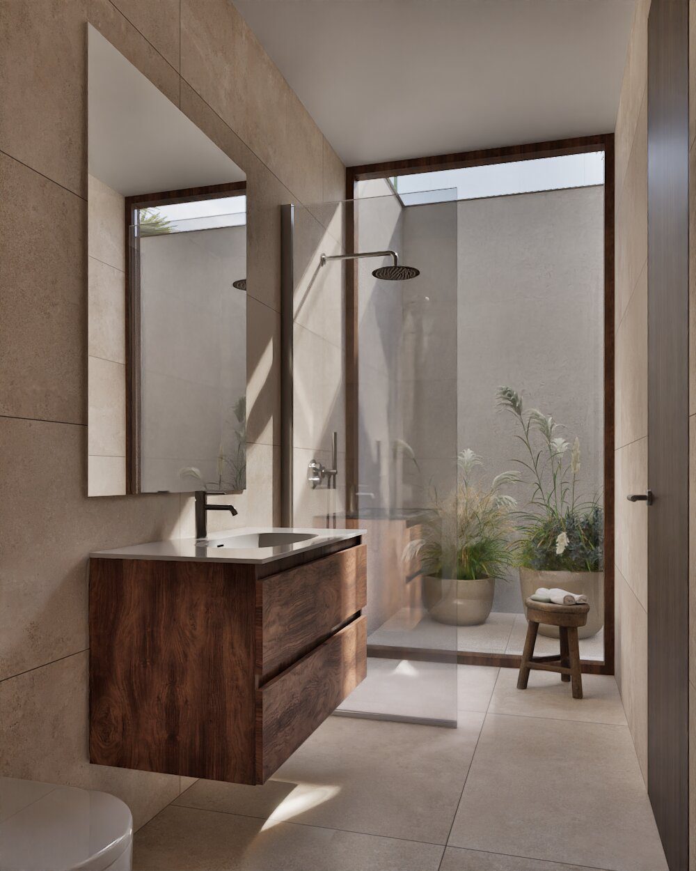 Modern bathroom with a walk-in shower and natural light in a 3-bedroom villa in Denia - The Estates