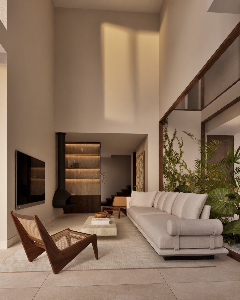 Stylish living room with modern furniture and lush greenery in a 3-bedroom villa in Denia - The Estates