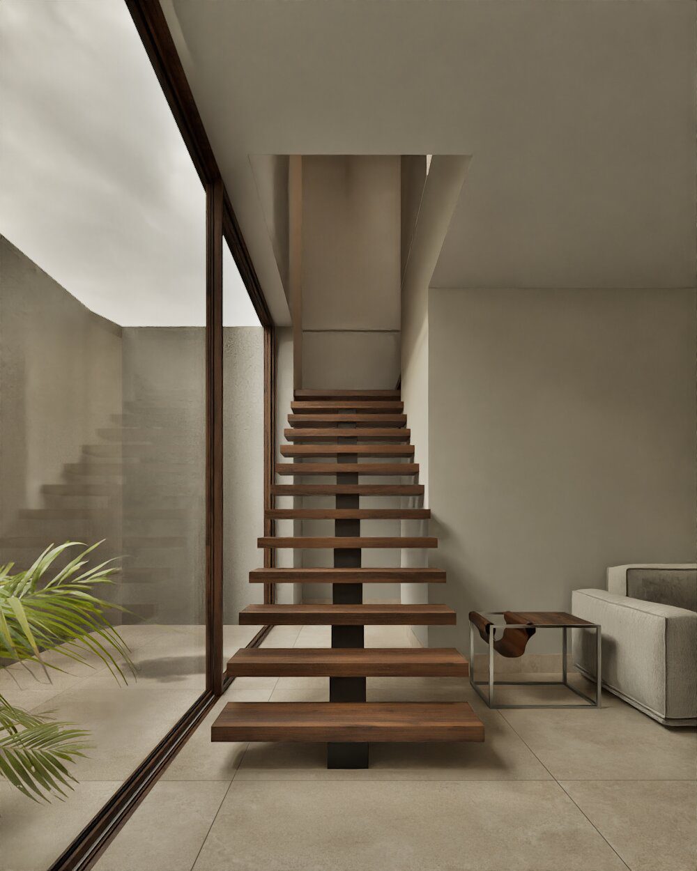 Modern wooden staircase and interior design of a 3-bedroom villa in Denia - The Estates