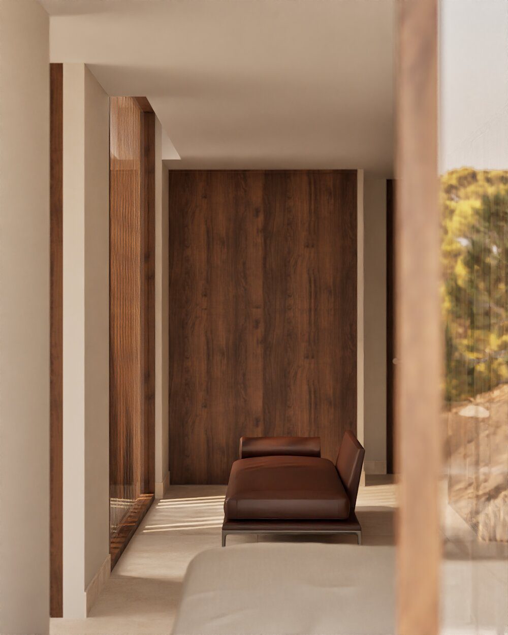 Stylish interior with a modern sofa and wood paneling, showcasing a 3-bedroom villa in Denia - The Estates