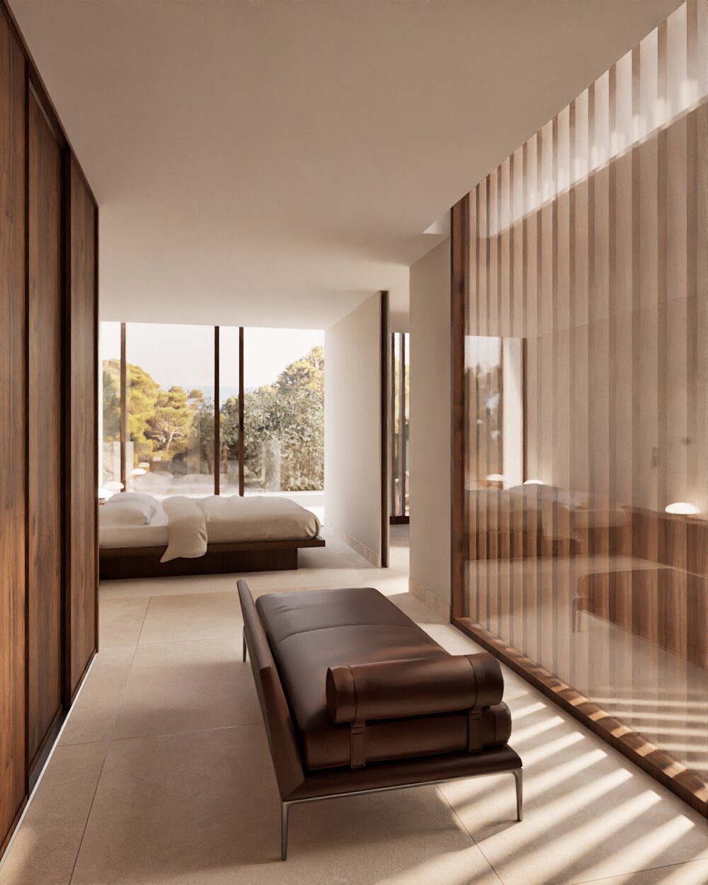 A modern bedroom with a view of lush greenery in a 3-bedroom villa in Denia - The Estates