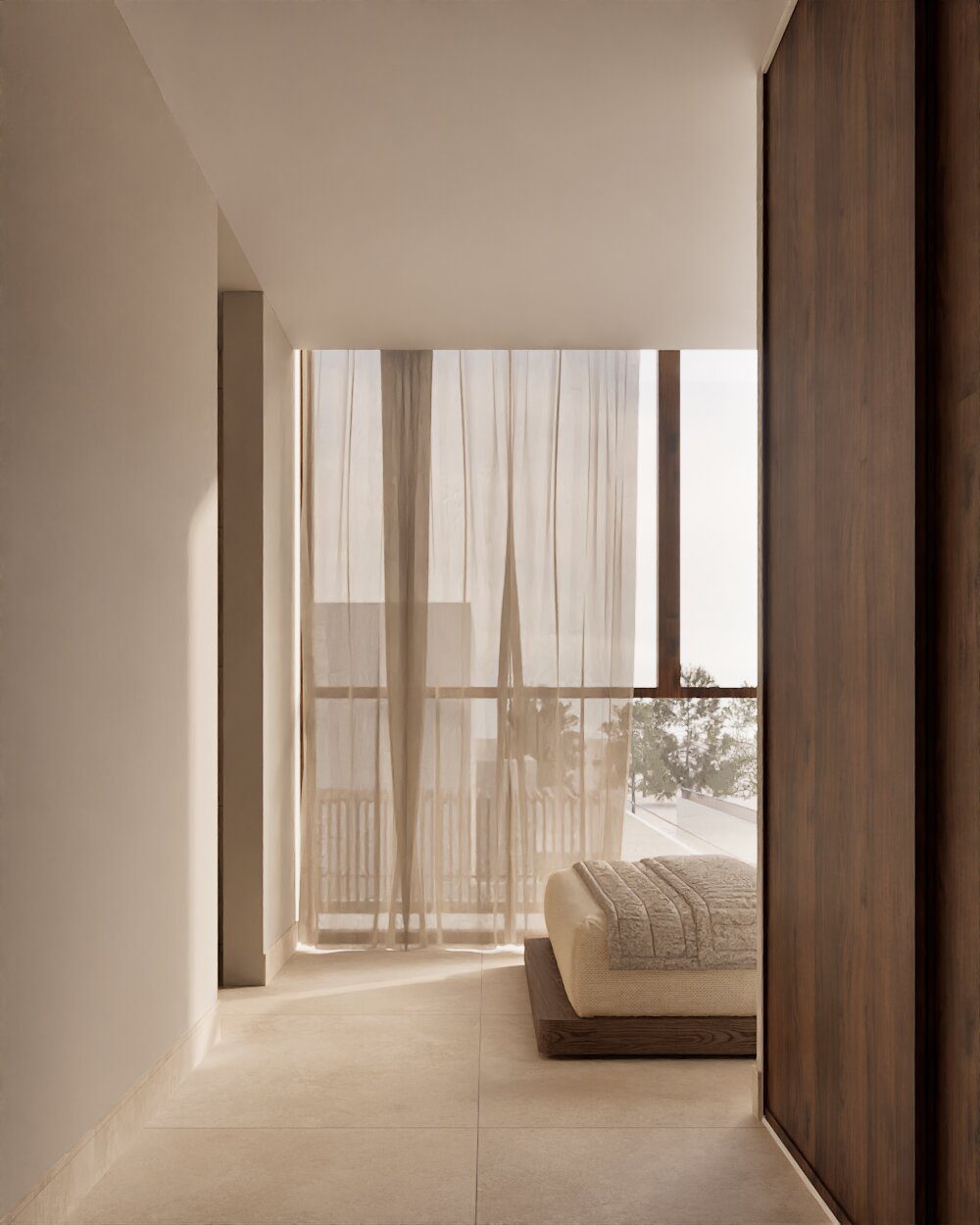 A bright bedroom with sheer curtains and mountain views in a 3-bedroom villa in Denia - The Estates