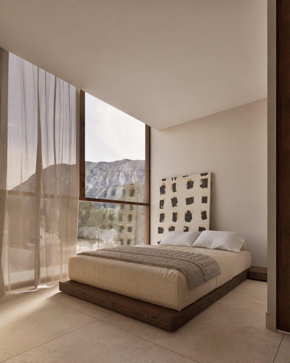 A bright bedroom with mountain views through large windows in a 3-bedroom villa in Denia - The Estates