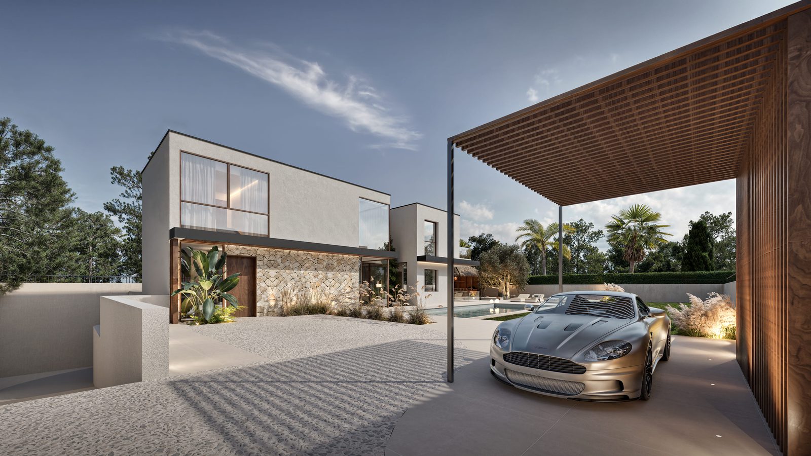 Modern villa exterior with a sleek car parked in the driveway, mountain and garden views - The Estates