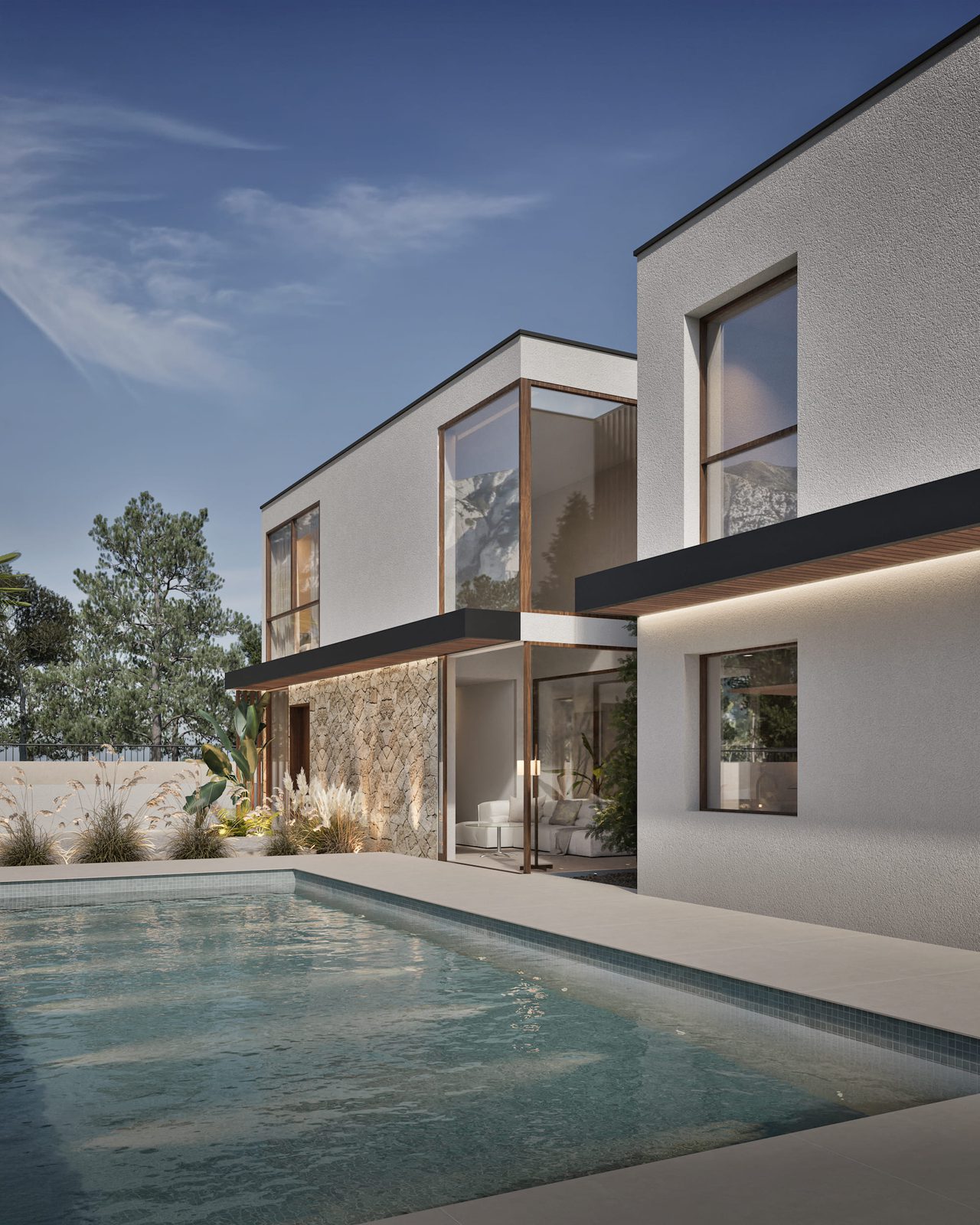Modern villa exterior with a pool and garden views of a 3-bedroom villa in Denia - The Estates
