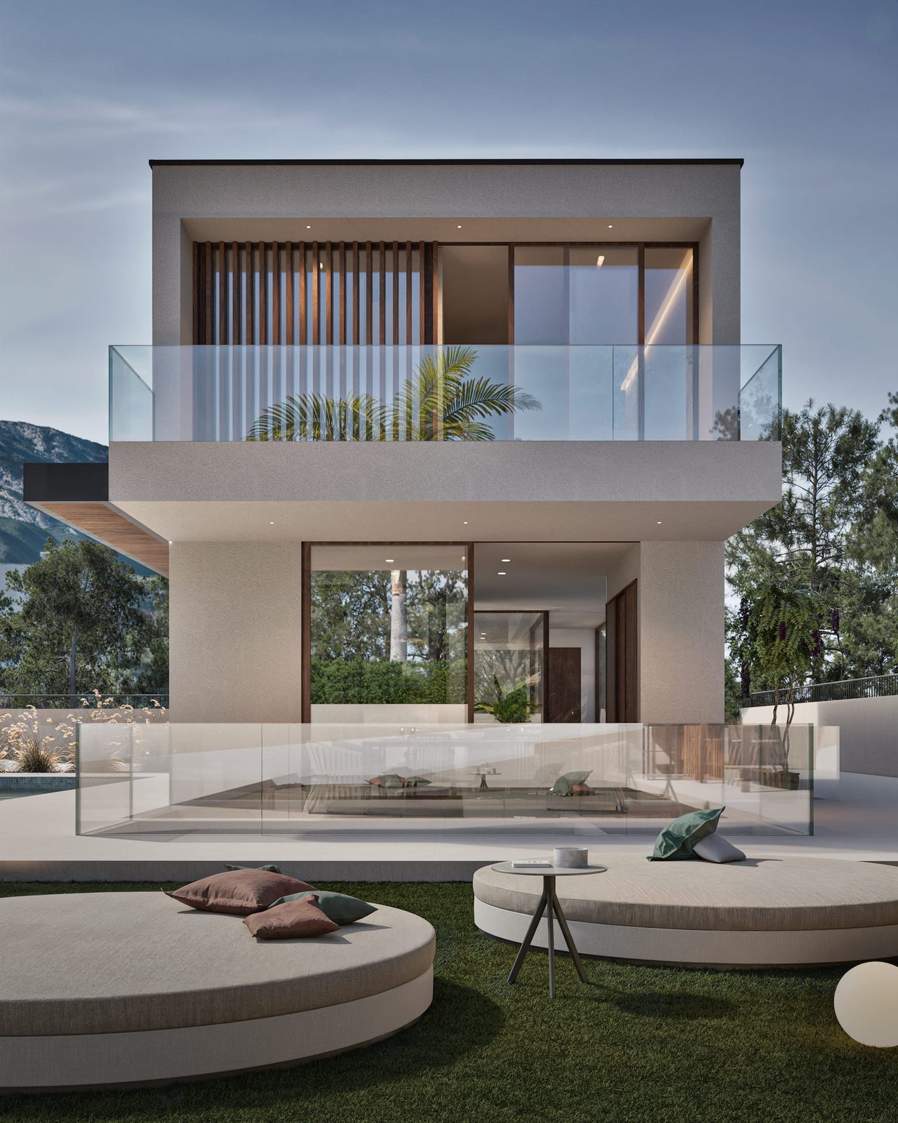 Exterior view of a modern 3-bedroom villa in Denia with mountain and garden views - The Estates