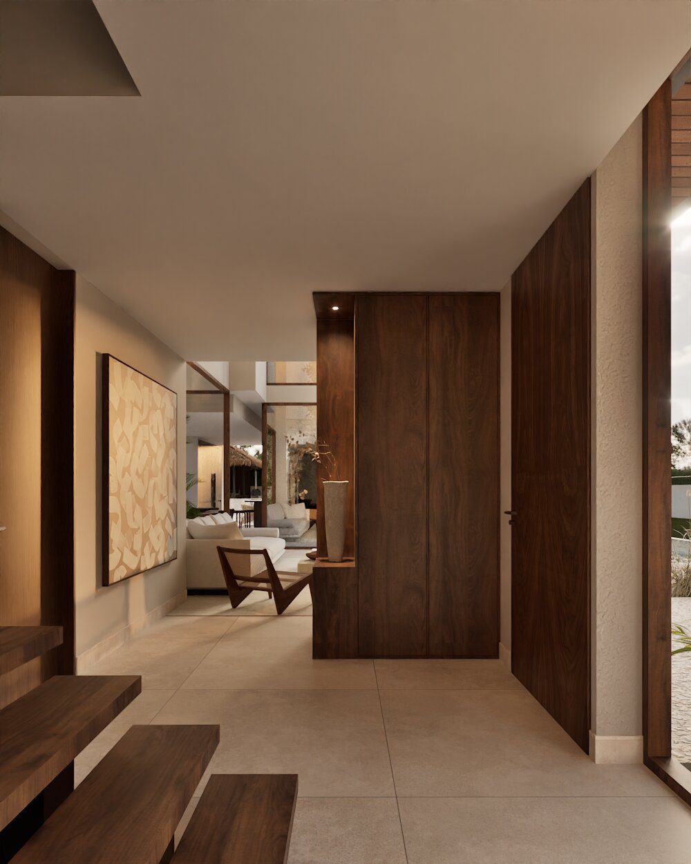 Stylish interior hallway with modern decor and garden views of a 3-bedroom villa in Denia - The Estates