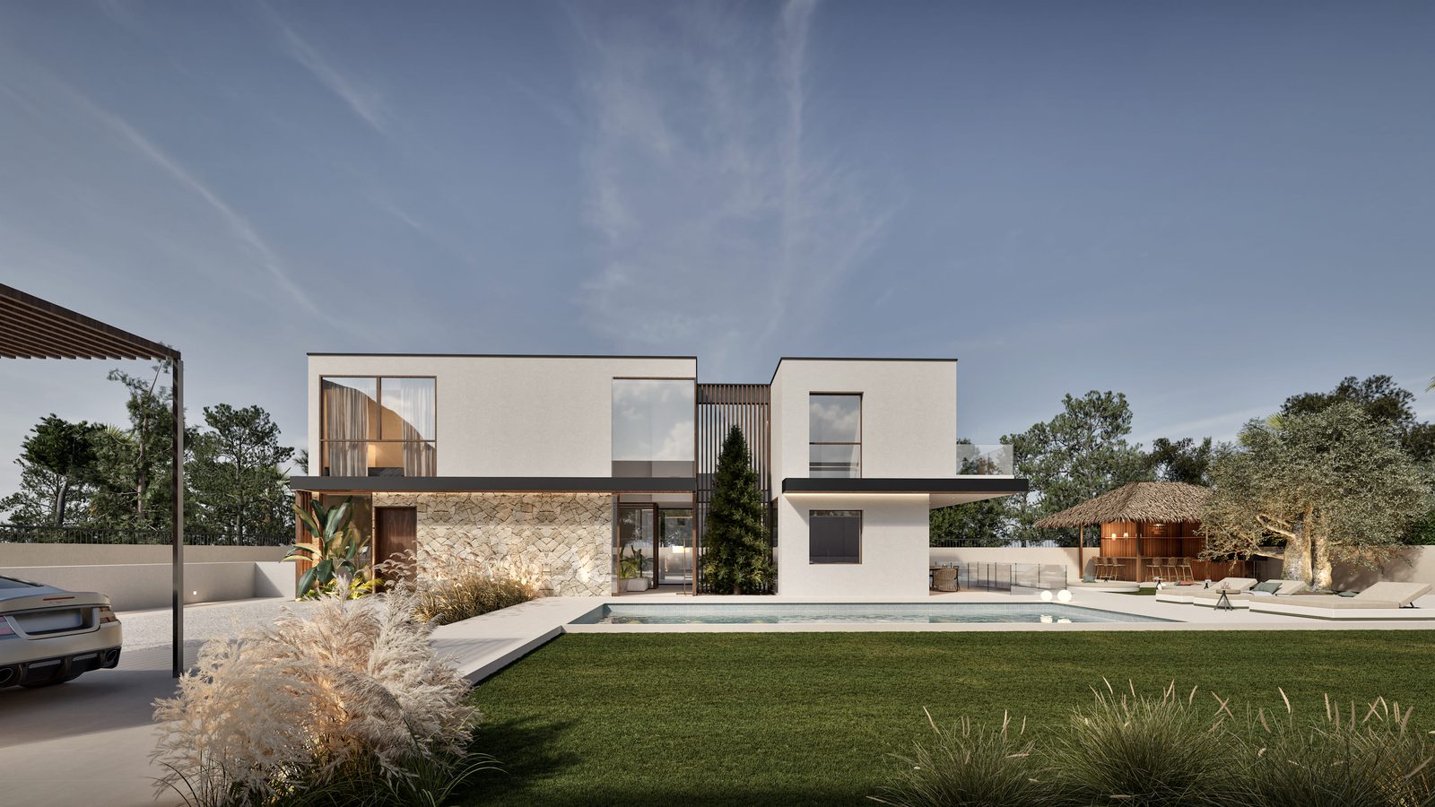Exterior view of a modern 3-bedroom villa with a pool and garden in Denia - The Estates