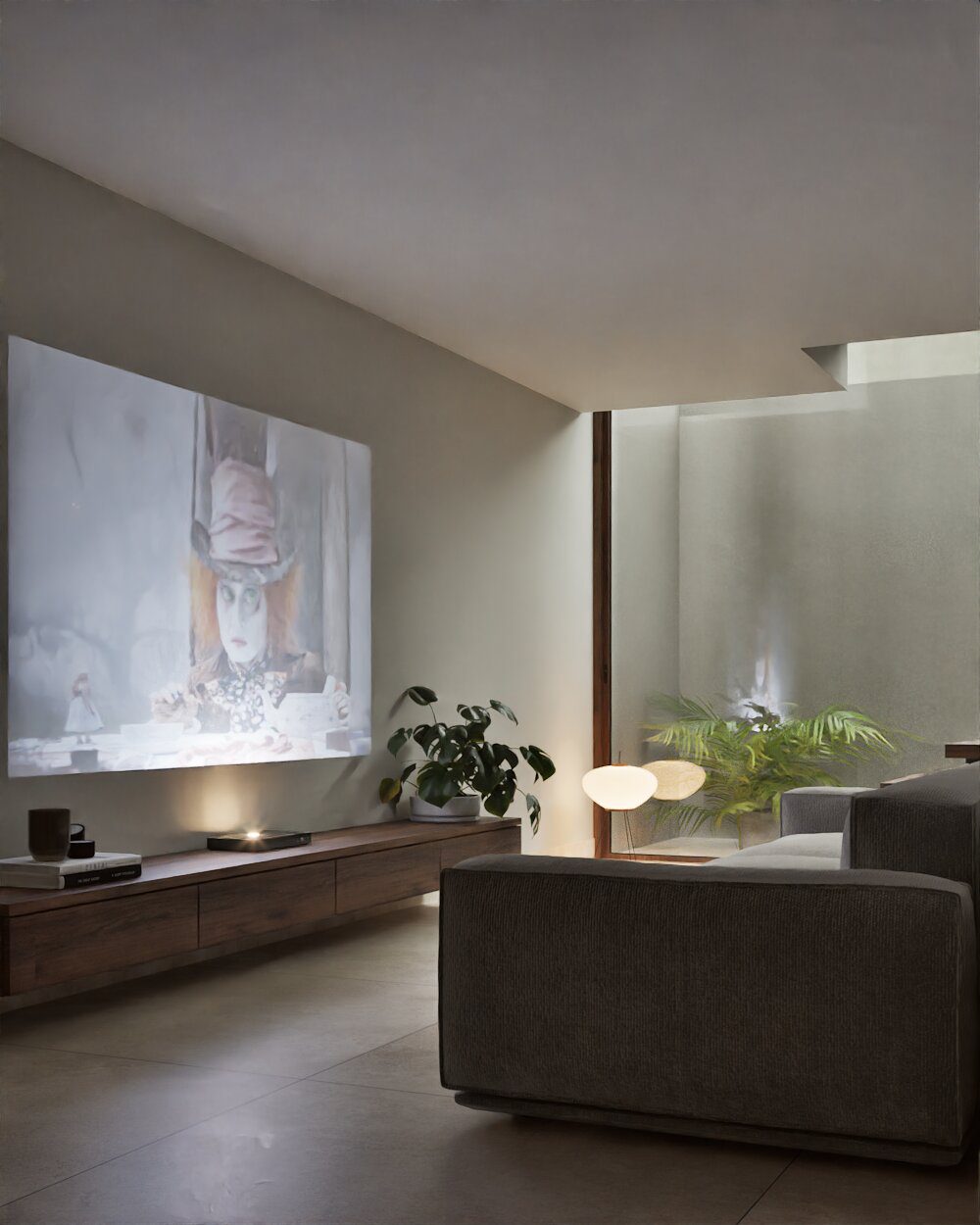 A modern living room with a projector screen and plants in a 3-bedroom villa in Denia - The Estates